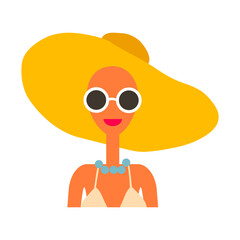 Flat vector illustration of woman avatar. Cute cartoon character. Young and beautiful woman. Summer time female portrait. Isolated on white.