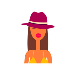 Flat vector illustration of woman avatar. Cute cartoon character. Young and beautiful woman. Summer time female portrait. Isolated on white.