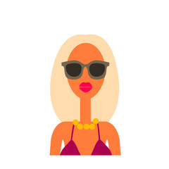 Flat vector illustration of woman avatar. Cute cartoon character. Young and beautiful woman. Summer time female portrait. Isolated on white.