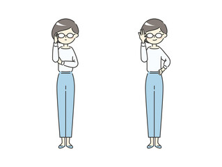 メガネをクイッとする女性【ブルー】【全身】