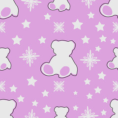 Pink wallpaper with teddy bears and stars. Vector seamless decor wallpaper for kids.