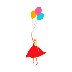 Young beautiful woman flying with air balloons. Vector illustration.