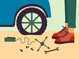 The Man Try To Change Flat Tyre. Cartoon Style Illustration. Crop Image. Vector.