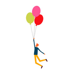 Young man flying with air balloons. Vector illustration isolated on white.