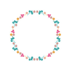 Elegant Floral Wreath. Tiny Cute Flowers, Leaves and Branches. Border Frame For Invitation Cards, Wedding Decoration, Romantic Ornaments. Vector Illustration.