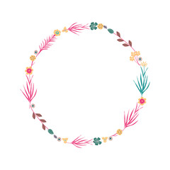 Elegant Floral Wreath. Tiny Cute Flowers, Leaves and Branches. Border Frame For Invitation Cards, Wedding Decoration, Romantic Ornaments. Vector Illustration.