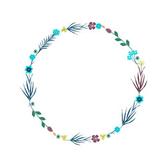 Elegant Floral Wreath. Tiny Cute Flowers, Leaves and Branches. Border Frame For Invitation Cards, Wedding Decoration, Romantic Ornaments. Vector Illustration.