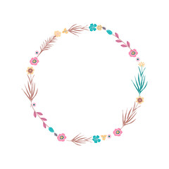 Elegant Floral Wreath. Tiny Cute Flowers, Leaves and Branches. Border Frame For Invitation Cards, Wedding Decoration, Romantic Ornaments. Vector Illustration.
