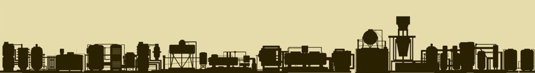 Production plant. Silhouette of objects. Industrial technical equipment. Seamless horizontal composition. Factory chemical. Modern technology enterprise. Vector
