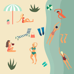 Summertime hand drawn illustration. Cartoon characters. Vector.
