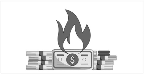 Burning money, banknotes. Bankruptcy, financial crisis and inflation concept. Wasting money. Business vector illustration, flat design element, cartoon style, isolated on white background.