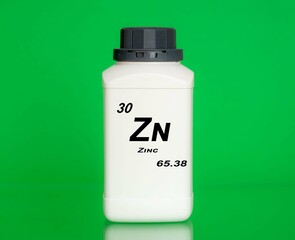 Zinc Zn chemical element in a laboratory plastic container