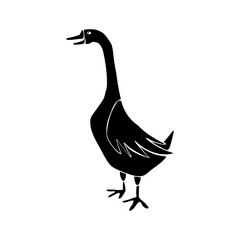 Hand drawn goose. Black silhouette. Vector illustration. Isolated on white.