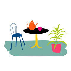 Hand drawn street cafe. Cartoon style. Doodle. Vector illustration.