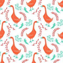 Seamless pattern with hand drawn geese. Cute vector illustration.