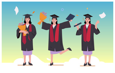 Illustration of university graduation. students celebrate the end of academy