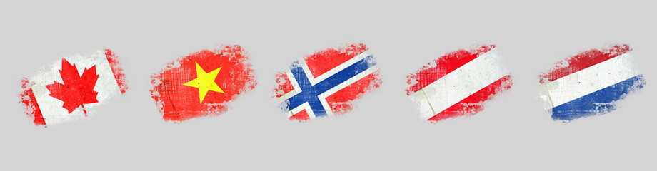 Grunge flags, Canada. Vietnam. Norway.Austria. Netherlands. Isolated on grey background Signs and symbols