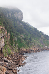 Gray calm waters of Cantabrian sea meet sheer cliffs of Cabo Antzoriz promontory covered with emerald moss on hazy summer morning. Lequeitio, Biscay, Basque Country