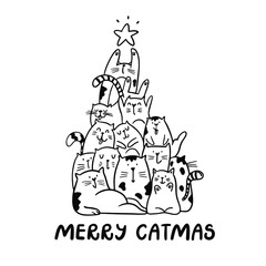 Funny Merry Christmas cats with lettering - Merry catmas. Doodle cartoon style. Vector Christmas illustration. Holiday poster with cartoon character.