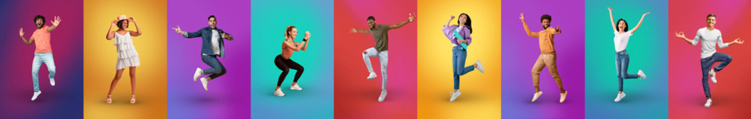 Stylish millennials posing on colorful backgrounds, collage