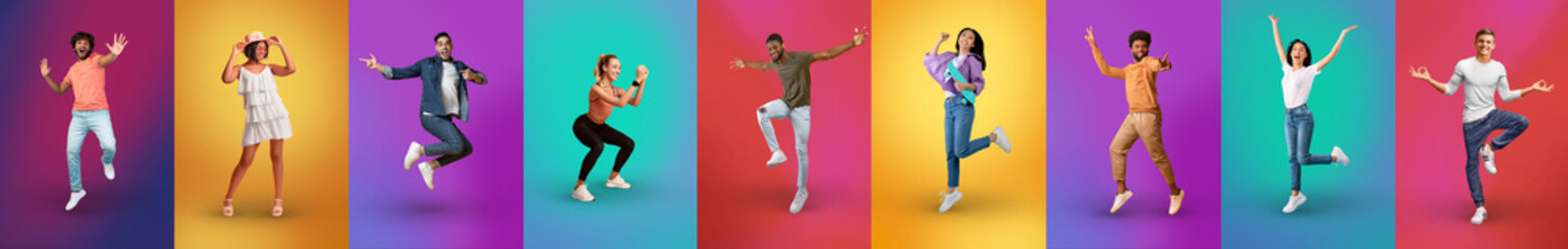 Fototapeta premium Stylish millennials posing on colorful backgrounds, collage