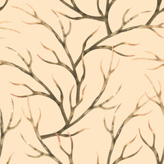 Watercolor dry branches. Elegant woody pattern. Seamless intertwining pattern on beige background.