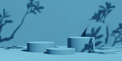 Product display podium with shadow nature leaves on blue background. 3D render