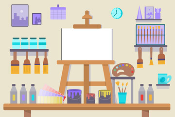 Cover image for presenting works of art. These include oil paintings, easels, canvas, palettes, pencils, brushes. Create works of art well and conveniently.