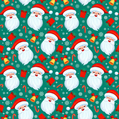 seamless christmas pattern template with cartoon style santa claus, gifts and greeting lettering. for wrapping paper, textiles, themed decor