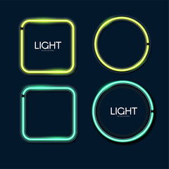 Shining neon square and circle banner set. Simple light element collection on blue background. Golden light.