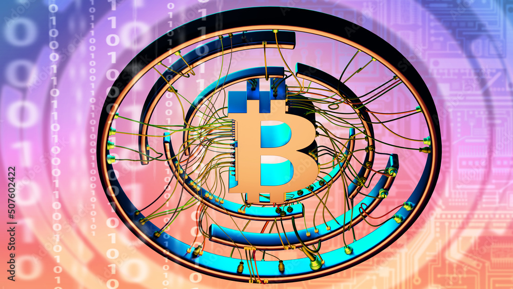 Poster bitcoin business. virtual coin bitcoin. binary code and wires virtual money metaphor. bitcoin busine