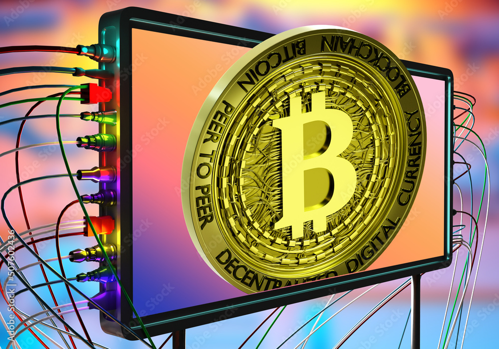 Poster blockchain background. digital signboard with cryptocurrency coin. digital bitcoin currency. golden 