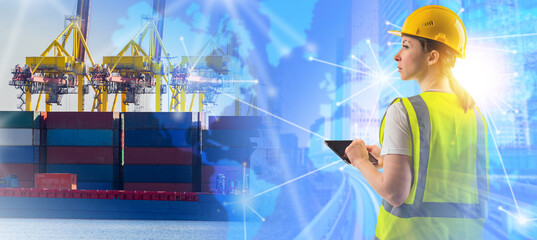Woman engineer. Seaport logistics. Girl engineer is working on logistics. Engineer in cargo port. Ship with containers symbolizes shipping. Cargo Harbor employee holding tablet. Woman in yellow vest