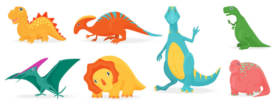 Cute dinosaur characters set vector illustration. Cartoon colorful baby collection with extinct prehistoric ancient animals, happy dino from cave period isolated white. Monster, paleontology concept