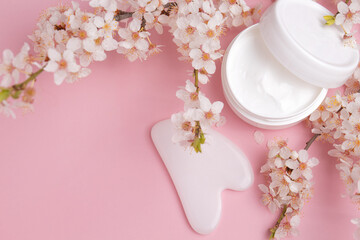 Container with bodycare and skincare cream, Gua sha stone for face massage on a pink background with blooming cherry. Cosmetic facial skin care and spa. Natural treatment concept.