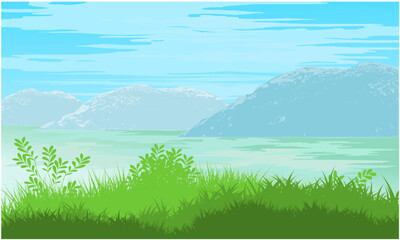 Obraz na płótnie Canvas landscape with lake, grass, mountain and sky. nature lake
