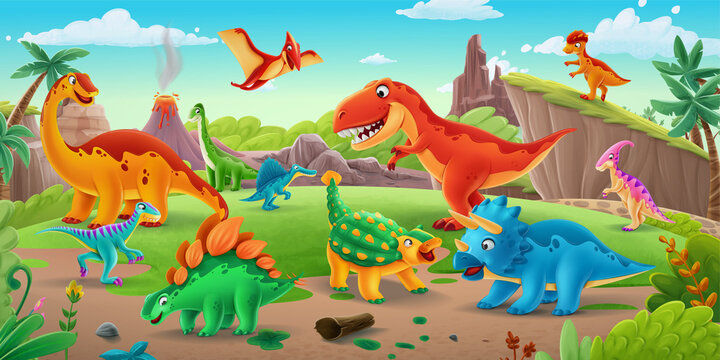 horizontal illustration with dinosaur landscape for school © mollicart
