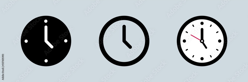 Poster clock icon set in different design style. vector time and clock icon set.