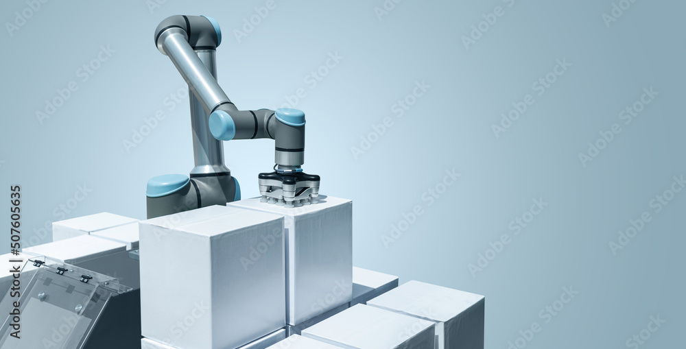 Poster robot arm with boxes on a gray background. smart industry 4.0 concept
