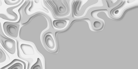 3D papercut banner of gradient white paper layers. flowing liquid texture or topography concept for website template. Gray papercut background for presentation, cover, banner, web page with copy space
