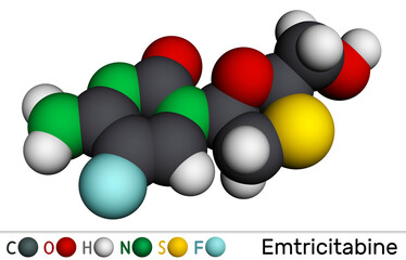 Emtricitabine, FTC molecule. It is nucleoside reverse transcriptase inhibitor used for treatment of HIV. Molecular model.