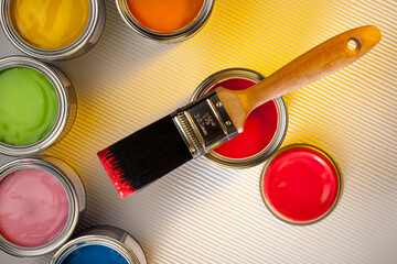 Painting and Decorating - Tins of color emulsion paint. - obrazy, fototapety, plakaty