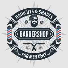 Barbershop poster or banner design concept with barber pole and bearded men. Vector illustration