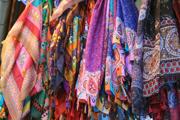 Selective Focus Handmade Colorful Patterned Fabrics or Scarfs Hanging in Gaziantep, Turkey. 