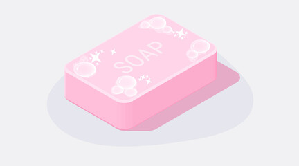 Vector pink wash toilet hand soap bar with bubbles. Cleanliness and health concept. Isometric 3d icon illustration.