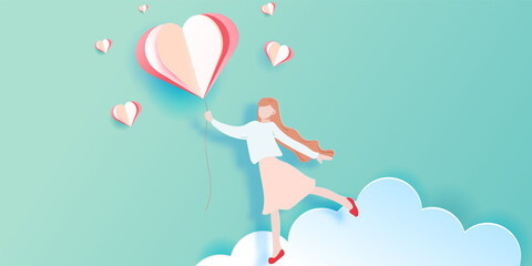 Young girl holding colourful balloons in her hands. Paper cut style. Hand drawn, Vector illustration, for cards, posters, background.