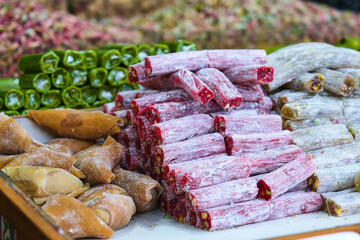 Selective Focus Traditional Gaziantep Dry Pistachio and Lokum, Delight and Nuts in Bazaar