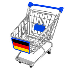 Einkaufswagen und Deutsche Flagge auf weissem Hintergrund