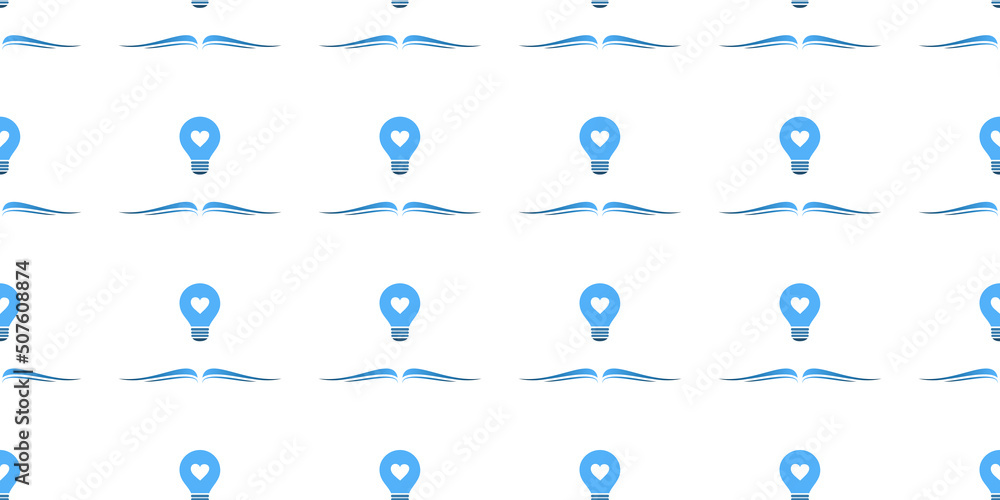 Poster seamless rows of simple open blue books with light bulbs above - modern style texture on white backg