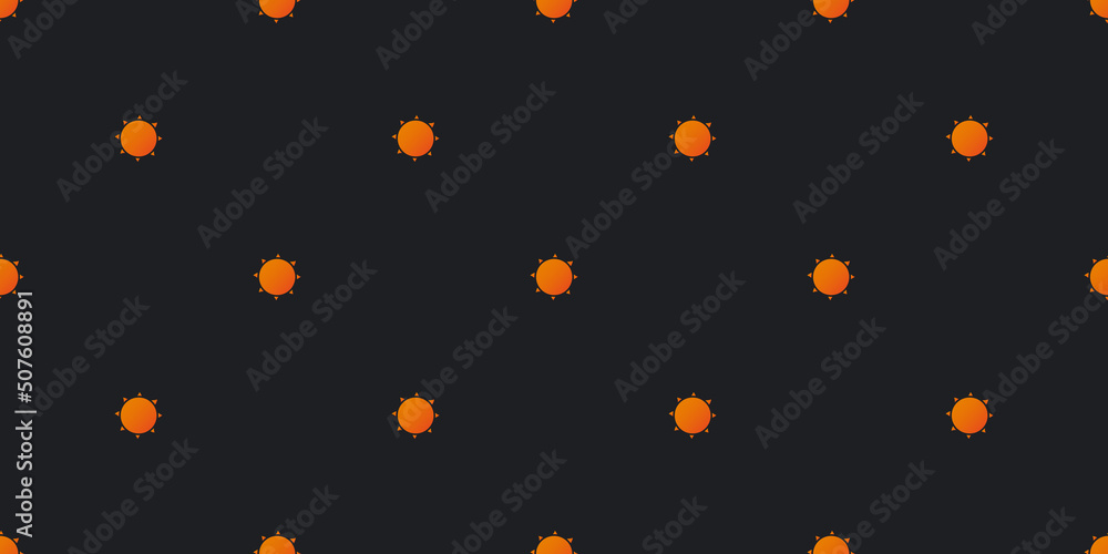 Poster rows of orange suns on dark brown background, seamless texture for web, business and wrapping paper 